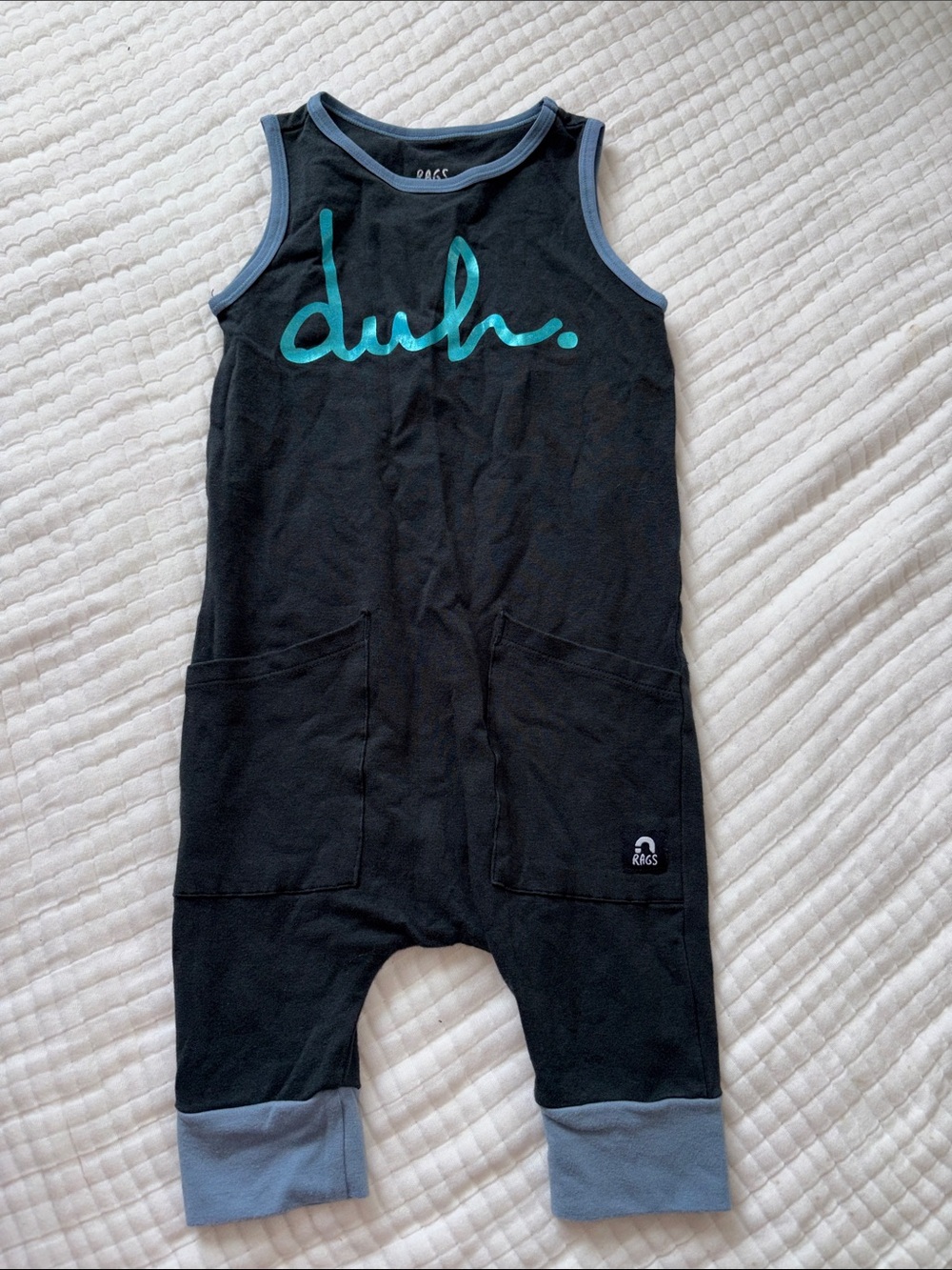 Kids Black Tank One-Piece Bodysuit with Blue Trim - "duh." Graphic